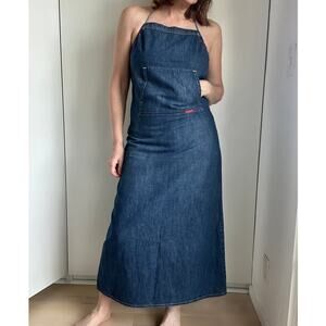Y2K Lucky Brand Denim Maxi Halter Dress 2000s Vintage Western Boho Style SZ Sm